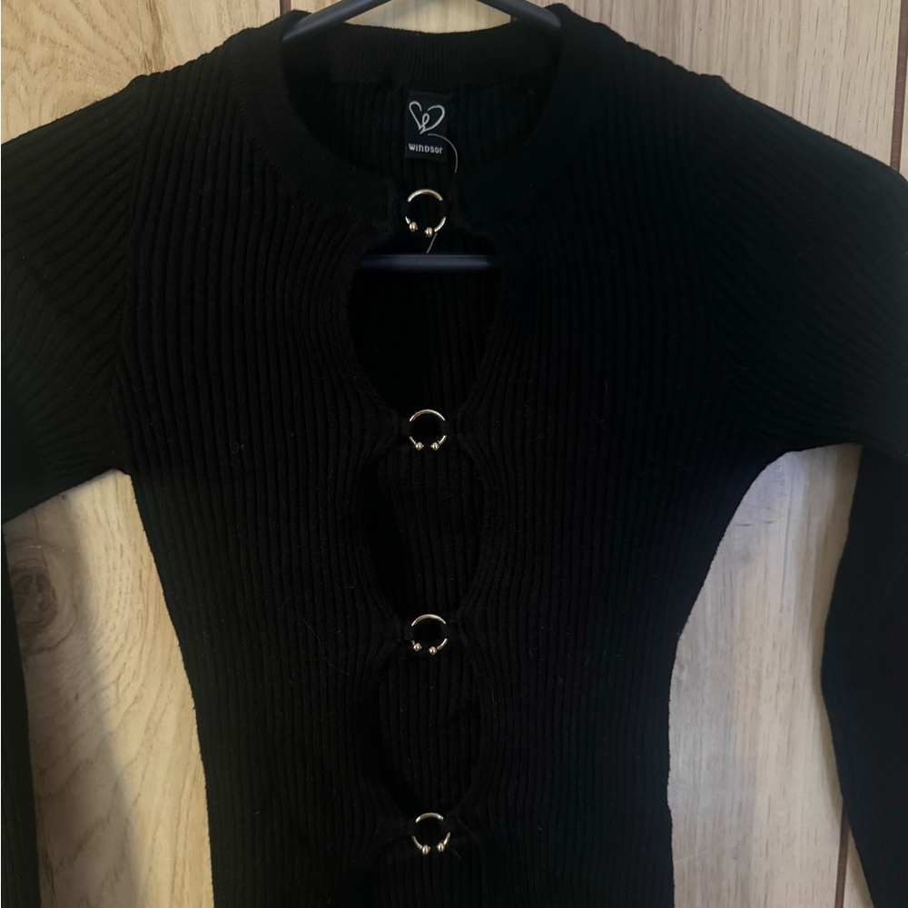 Windsor Black Ribbed Cardigan with Ring Details